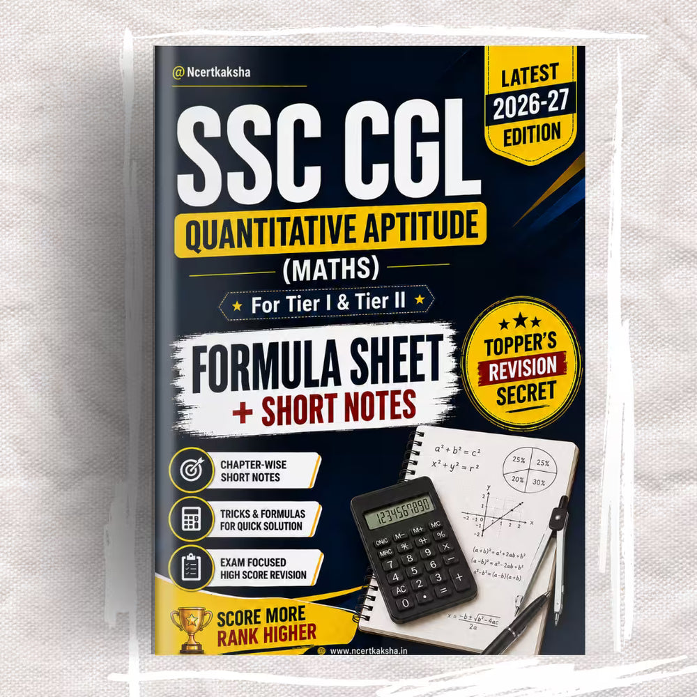 SSC CGL Quantitative Aptitude (Maths) Formula Sheet + Short Notes book by Neertlaksha, featuring a dark navy cover with yellow and white text, a calculator, and a notebook illustration.