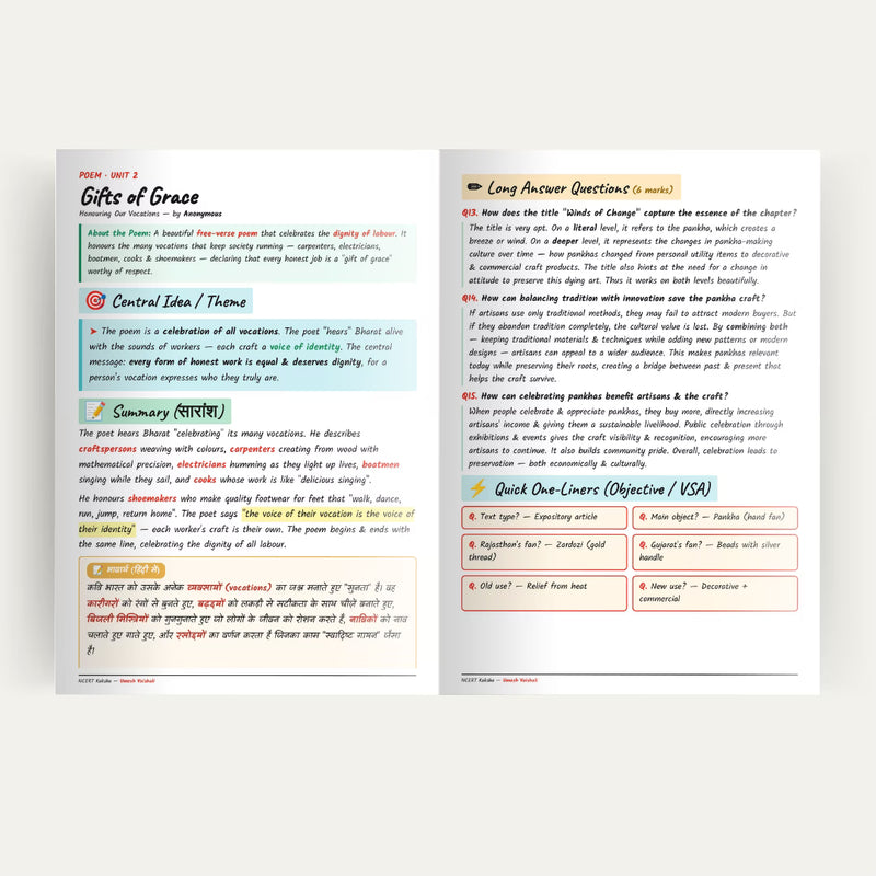 Class 9 English notes colour-coded summary page NCERT Kaksha